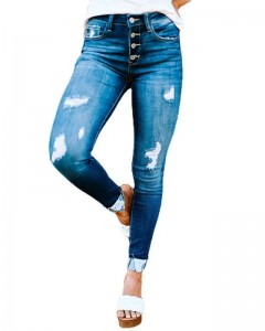 Ripped Skinny Jeans Women’s Washed Breasted Slim Fit Trousers